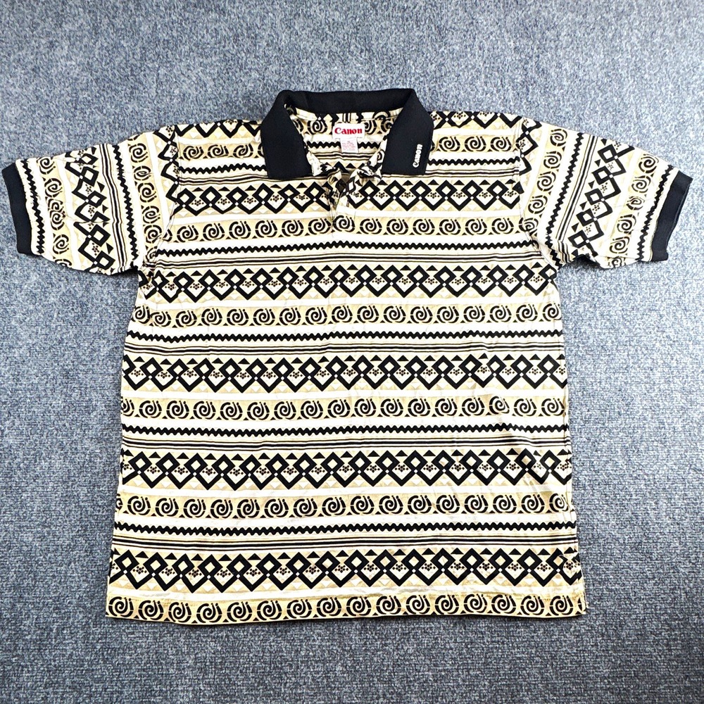 Canon Vintage Geometric Polo Shirt Men's XL Beige Black 100% Cotton Short Sleeve